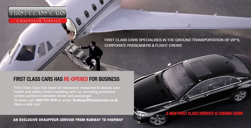 First Class Cars landing page- A Private plane on the runway with a First Class Car waiting